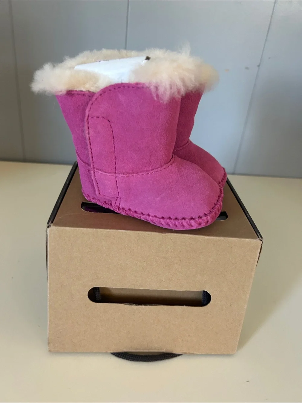 UGG Pink Suede Infant Booties with Shearling Cuff